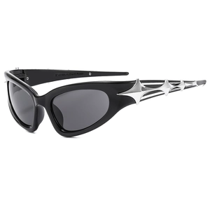 Futuristic black cat-eye sunglasses with silver star accents and grey UV400 lenses