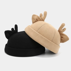 Fashionable brimless dockers hat with cute deer antlers and ears in black and khaki colors