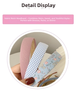 Detail view of fabric floral and plaid headbands with high-quality resin inner frames