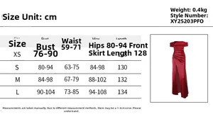 Size chart for off-shoulder satin evening dress showing bust, waist, and hip measurements
