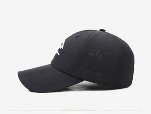 Side view of black quick-dry baseball cap featuring laser-cut triangle ventilation holes