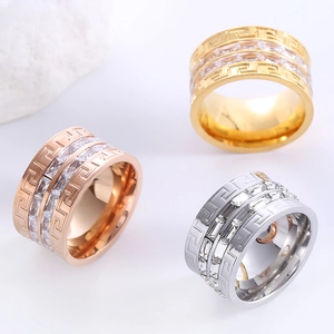 Double row crystal geometric rings in gold, silver, and rose gold stainless steel