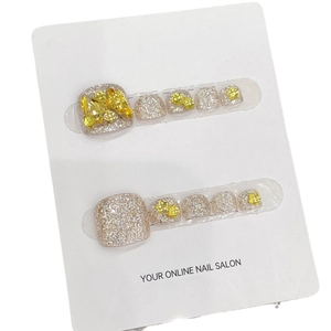 Silver glitter handmade press-on toe nails with gold butterfly and rhinestone charms
