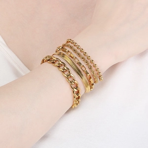 5-piece 18K gold plated stainless steel bracelet set with Cuban, snake, and twisted chains