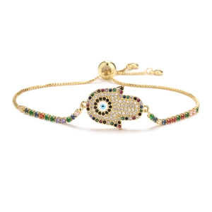 Hamsa hand evil eye bracelet with colorful cubic zirconia and adjustable chain
