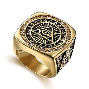 Retro Men Masonic Signet Ring Stainless Steel Gold Plated All-Seeing Eye Compass Square Vintage Religious Jewelry Accessory