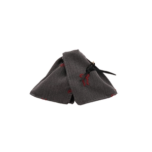 Elegant grey fabric bow hair claw clip with red embroidery in a vintage Korean style