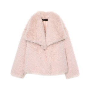Close-up of pale pink faux fur coat showing soft plush texture and wide lapel collar