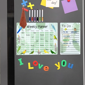 Weekly planner and grocery list magnets with tropical parrot design and color pens