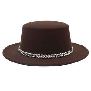 Detail of silver chain link trim on a dark brown wool felt flat top boater hat