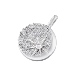 Detailed view of silver round pendant with micro-pave crystals and polar star motif