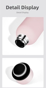 Detail view of pink stainless steel bottle showing screw thread and leak-proof lid