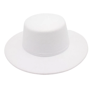 Detailed view of the structured brim and crown of a white minimalist felt boater hat