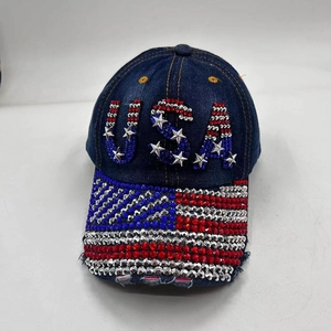 Distressed denim baseball cap with rhinestone USA flag design and metal star studs