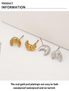 Close-up of gold and silver horn earrings featuring waterproof real gold PVD plating