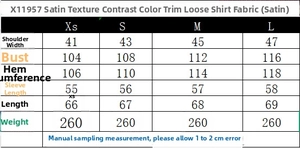 Detailed size guide table for loose satin shirt with contrasting trim for women