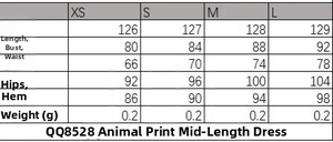 Detailed size guide table for women's leopard print spaghetti strap midi dress