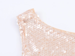 Vue macro détaillée de paillettes blanches sur tulle champagne pour robe de soirée