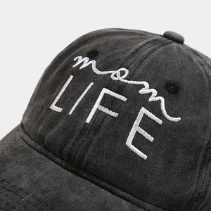 Classic washed dark grey cotton baseball cap with white mom LIFE embroidery detail