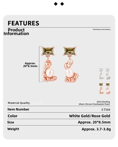 Detail view of S925 silver earring with irregular fluid gold design, zircon, and pearl