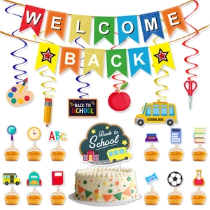 Back to school party decoration kit with welcome back banner and colorful cake toppers
