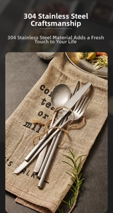 Detail of vintage matte 304 stainless steel cutlery set with rustic aged texture finish