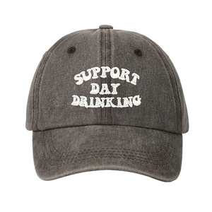 Vintage washed charcoal baseball cap with white Support Day Drinking embroidery