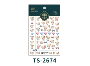 Macro detail of 3D embossed nail stickers featuring brown cartoon bears and gift bow designs