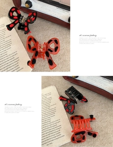 Close-up of bow-shaped hair claw clips with plush polka dots and strong metal springs
