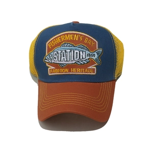 Detailed embroidery on mesh trucker hat with fish motif and vintage fisherman station text