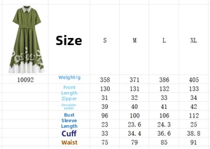 Size chart for French print dress showing bust, waist, and length in S to XL