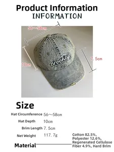 Detailed size specifications of washed denim baseball cap with Brooklyn embroidery