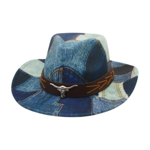 Western patchwork denim cowboy hat featuring a vintage blue design and a metal bull head accent