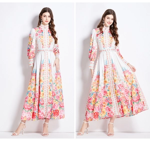 Detailed front and side view of floral print maxi dress with stand collar and belted waist