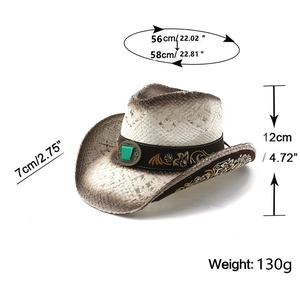 Detailed size chart of vintage straw cowboy hat with turquoise gem and embroidery