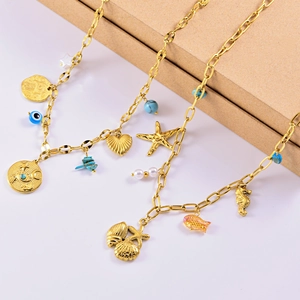 Ocean Theme Stainless Steel Pendant Necklace Starfish Shell Seahorse Faux Artificial Pearl Celestial Sun Moon Evil Eye Beads Jewelry