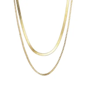 Double Layer Necklace Stainless Steel Gold Plated Snake Chain And Box Chain Minimalist Hip Hop Style For Women