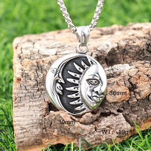 Detail view of sun and moon pendant dimensions measuring 36mm by 30mm and 19g weight