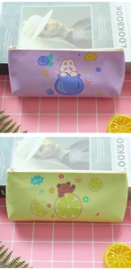 Detailed view of PU leather pencil cases with cute cartoon bear and rabbit prints