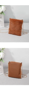 Detailed view of caramel plush and lychee leather mini crossbody bag with gold chain