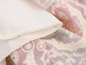 Détail de la broderie florale et de la doublure blanche avec des coutures soignées