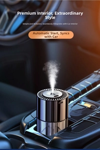 Close-up of smart car humidifier in cup holder featuring auto start-stop water mist