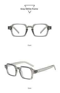 Detail view of transparent grey square glasses frames showing front and side profile