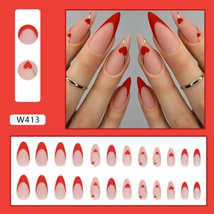Matte red heart French tip almond press-on nails with gold line details 24pcs set