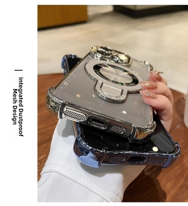 Detail of integrated dust net and magnetic rotating stand on electroplated phone case