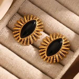 Retro 18K gold plated stainless steel stud earrings with black onyx eye design in a box
