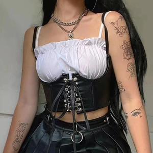 Ceinture Corset Cuir Pu Femmes Bretelles Réglables Serre-Taille Lacets Sous La Poitrine Style Goth Punk Ajustable