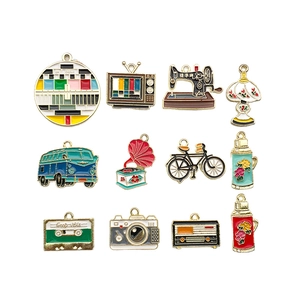 Set of 12 vintage style colorful enamel charms with retro bicycle and sewing machine shapes