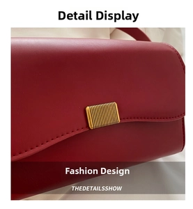 Detail of burgundy leather handbag with striped gold rectangular metal buckle close-up