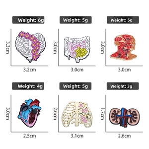 Set of 6 anatomical organ pins featuring heart, lungs and ribcage with size details
